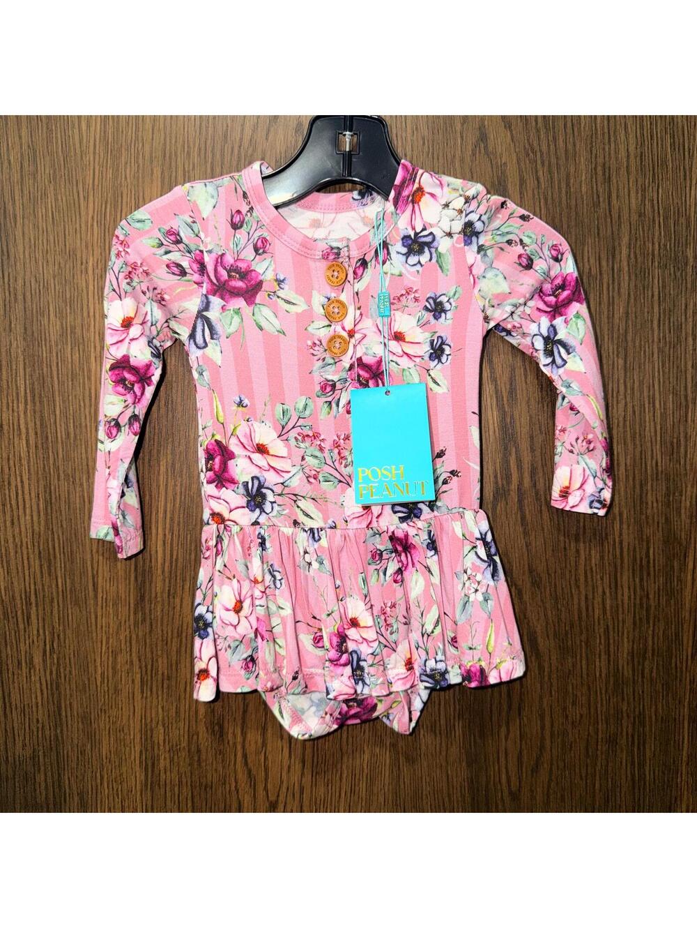 Posh Peanut NWT Bamboo LONG SLEEVE HENLEY TWIRL SKIRT BODYSUIT Size 3-6 mos